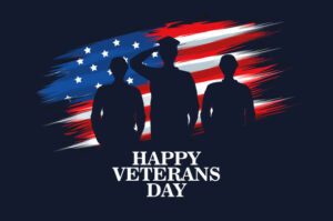 happy veterans day celebration with military officer and soldiers saluting vector illustration design